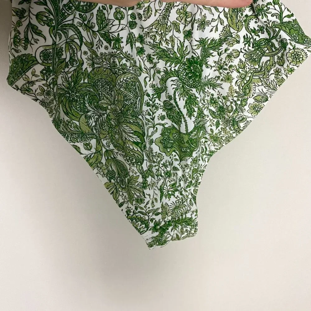 Berlook Retro Floral Drawstring‎ Ruched One-Piece Swimsuit Womens XS Green
